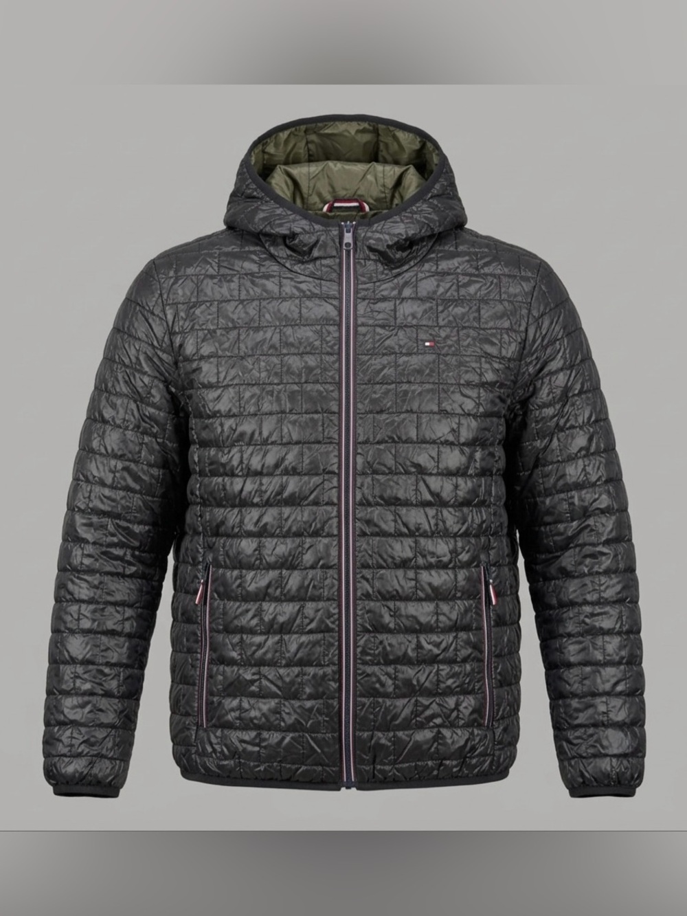 Tommy Hilfiger Men M Black Grid Quilted Puffer Jacket Hooded 158AN080 MSRP $195